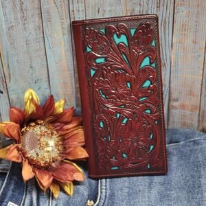 Western GENUINE LEATHER Wallet Lasercut Long Bifold Checkbook teal and brown
